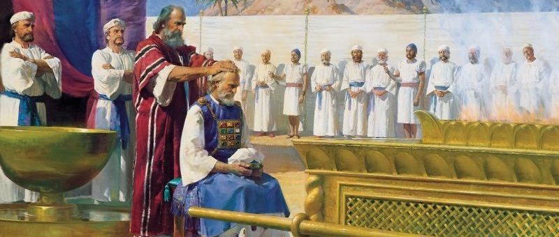 Painting of Moses annointing the head of Aaron inside the court of the tabernacle
