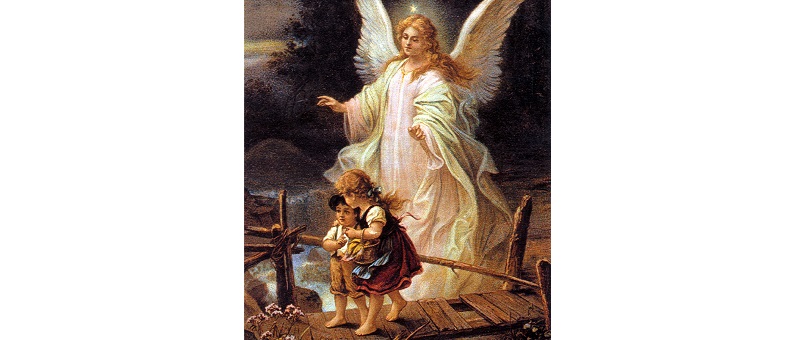 An angel watching over two children stumbling through a dark and trecherous landscape