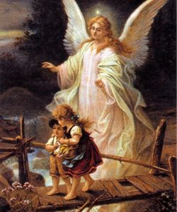 An angel guiding two children through a treacherous landscape