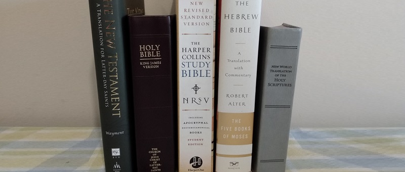 A shelf of different Bible translations