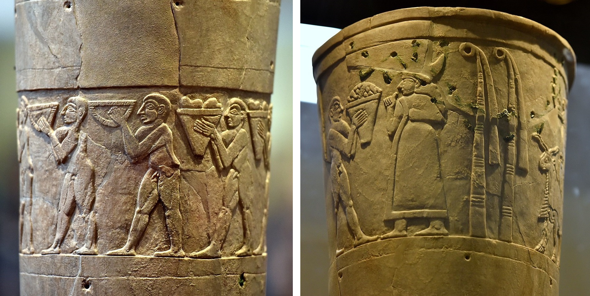 A clay votive vase, with reliefs of naked slaves carrying baskets of grain and fruit and presenting them before a clothed figure