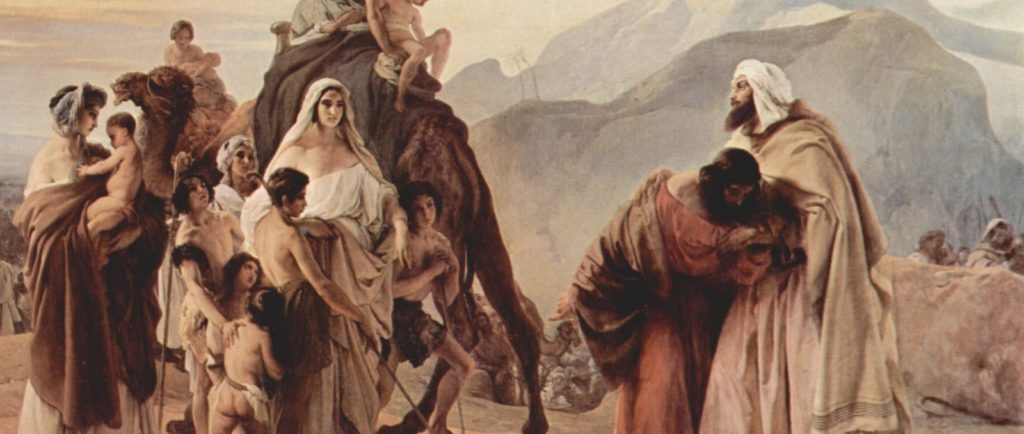 Jacob and Esau embrace each other while their households look on; painting by Francesco Hayez, 1844.